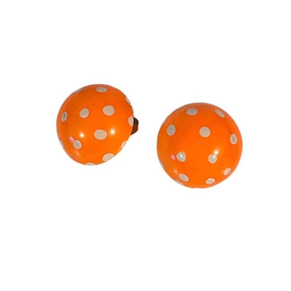 Vintage1960's Mod Orange Polka Dot Button Dome Clip On Statement Stud Earrings